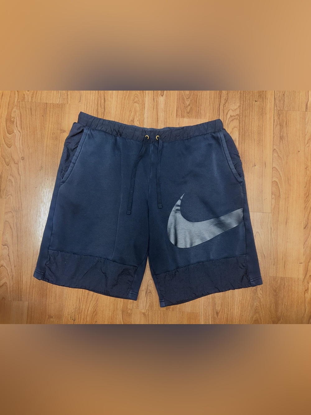 Nike Cotton Fleece/Nylon Big Nike Swoosh Logo Black Shorts Large